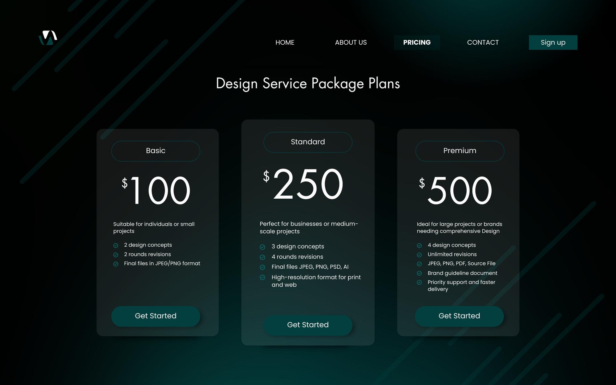 UI mockup su kainų pavyzdžiais